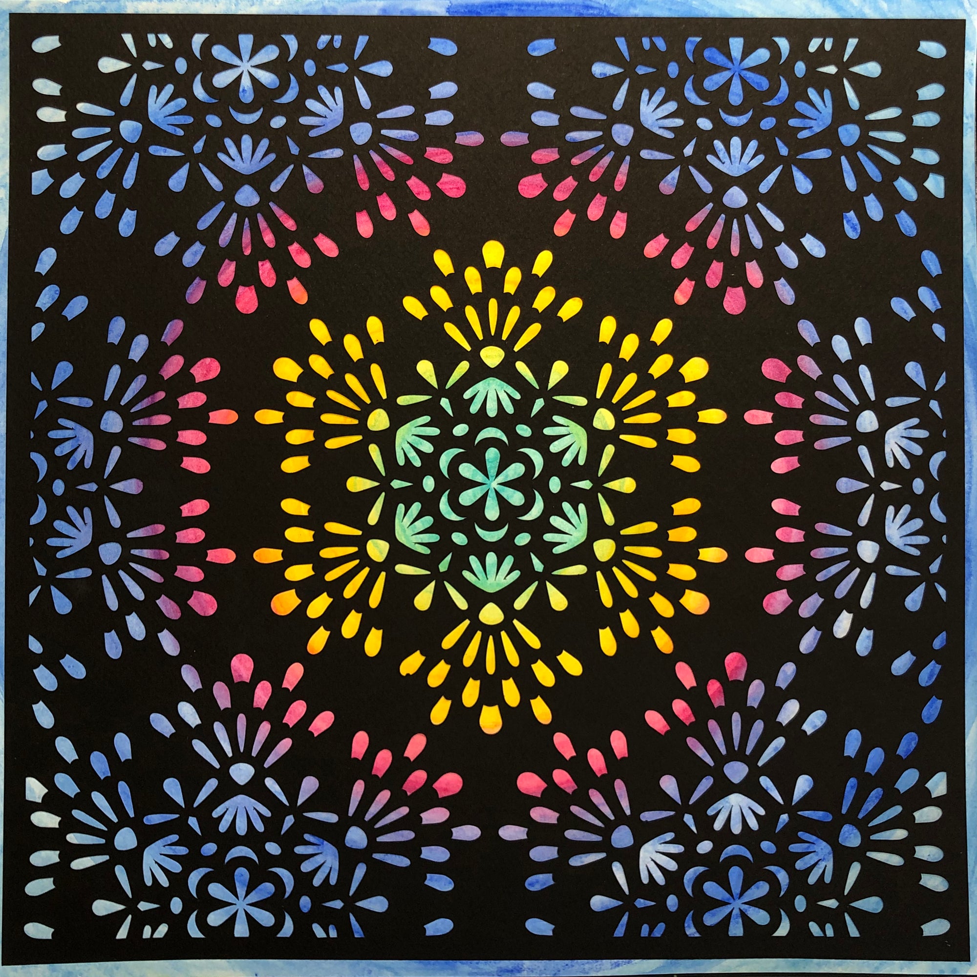 #37 "Brilliant" • Cut Paper • Watercolor • Wall Art •  12" x 12" • Framed • Feng Shui Art • Handmade in Seattle